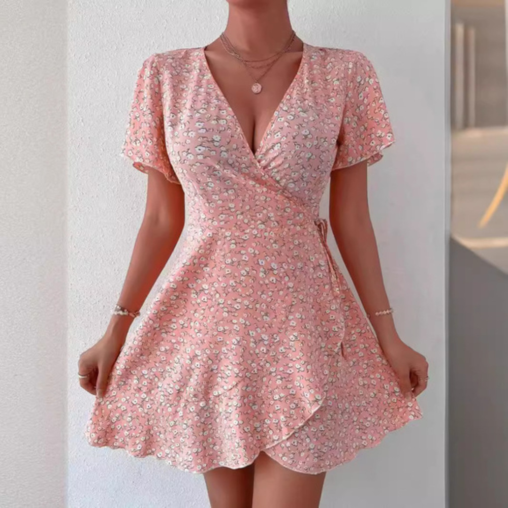 Women's Pink Floral V-Neck Short-Sleeve Tie-Waist Mini Dress